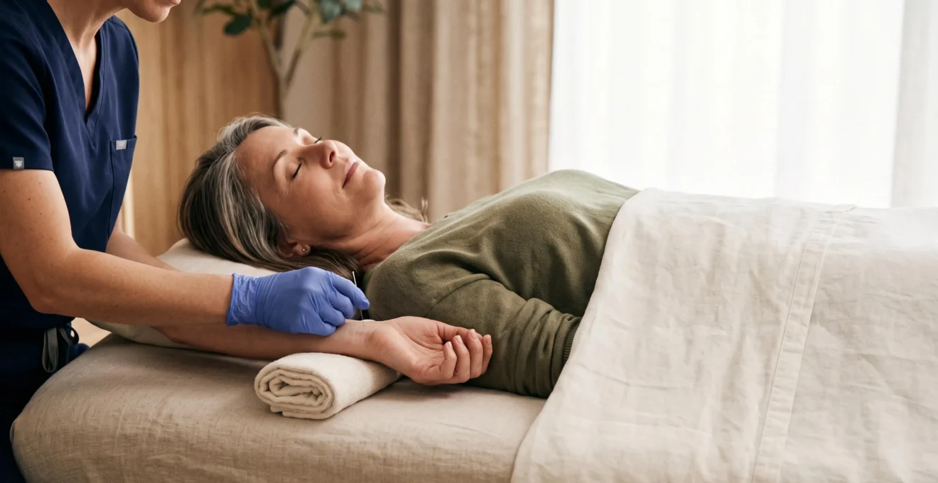 Praticien posant une aiguille d'acupuncture sur le poignet d'un patient détendu lors d'une séance de médecine douce