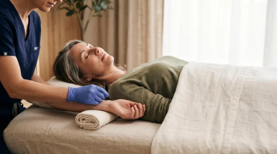 Praticien posant une aiguille d'acupuncture sur le poignet d'un patient détendu lors d'une séance de médecine douce