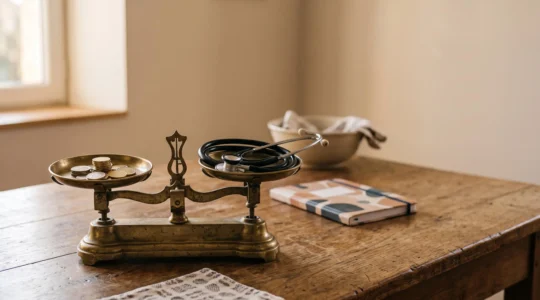 Balance symbolique illustrant l'équilibre budgétaire entre remboursements de la Sécurité sociale et frais de santé restant à la charge d'un patient en affection longue durée