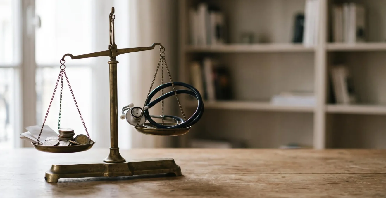 Balance symbolique représentant l'équilibre entre les cotisations versées à une mutuelle et les remboursements de soins de santé perçus en retour