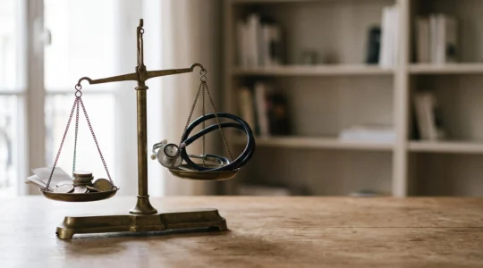 Balance symbolique représentant l'équilibre entre les cotisations versées à une mutuelle et les remboursements de soins de santé perçus en retour