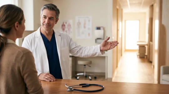 Illustration symbolique d'un parcours de soins coordonne guide par un professionnel de sante, evoquant l'orientation et le suivi medical
