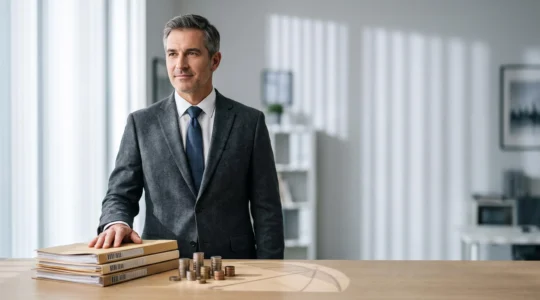 Dirigeant d'entreprise tenant un parapluie symbolique au-dessus de documents financiers, illustrant la protection sociale et l'optimisation fiscale de la mutuelle