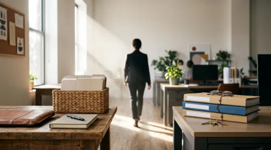 Un professionnel indépendant et un salarié se tenant de part et d'autre d'un bureau lumineux, symbolisant le choix entre plusieurs statuts de protection sociale