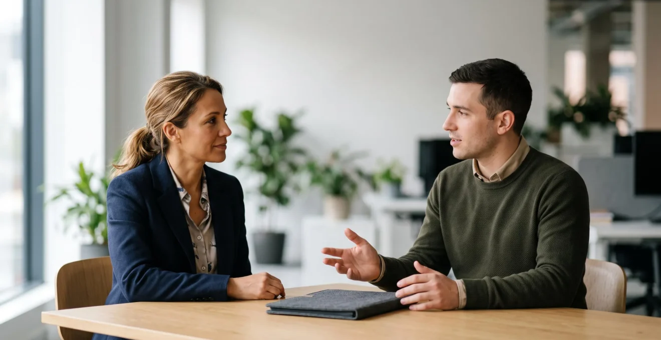 Employeur et salarie face a face autour d'une table de bureau, symbolisant le dialogue sur la mutuelle d'entreprise obligatoire ou facultative