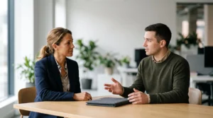 Employeur et salarie face a face autour d'une table de bureau, symbolisant le dialogue sur la mutuelle d'entreprise obligatoire ou facultative