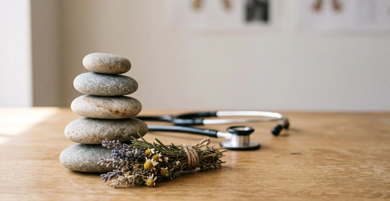 Composition symbolisant l'équilibre entre bien-être naturel et protection santé grâce à une mutuelle couvrant les médecines douces
