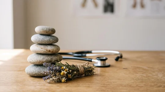 Composition symbolisant l'équilibre entre bien-être naturel et protection santé grâce à une mutuelle couvrant les médecines douces