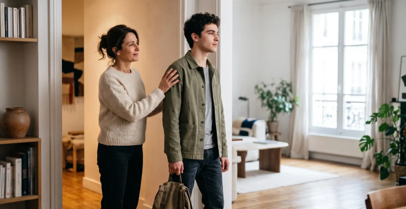 Jeune étudiant et parent évoquant symboliquement la transition entre la mutuelle familiale et l'autonomie santé