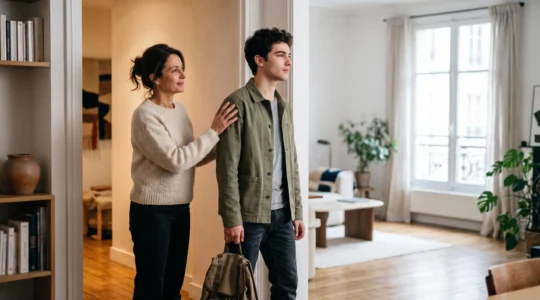 Jeune étudiant et parent évoquant symboliquement la transition entre la mutuelle familiale et l'autonomie santé