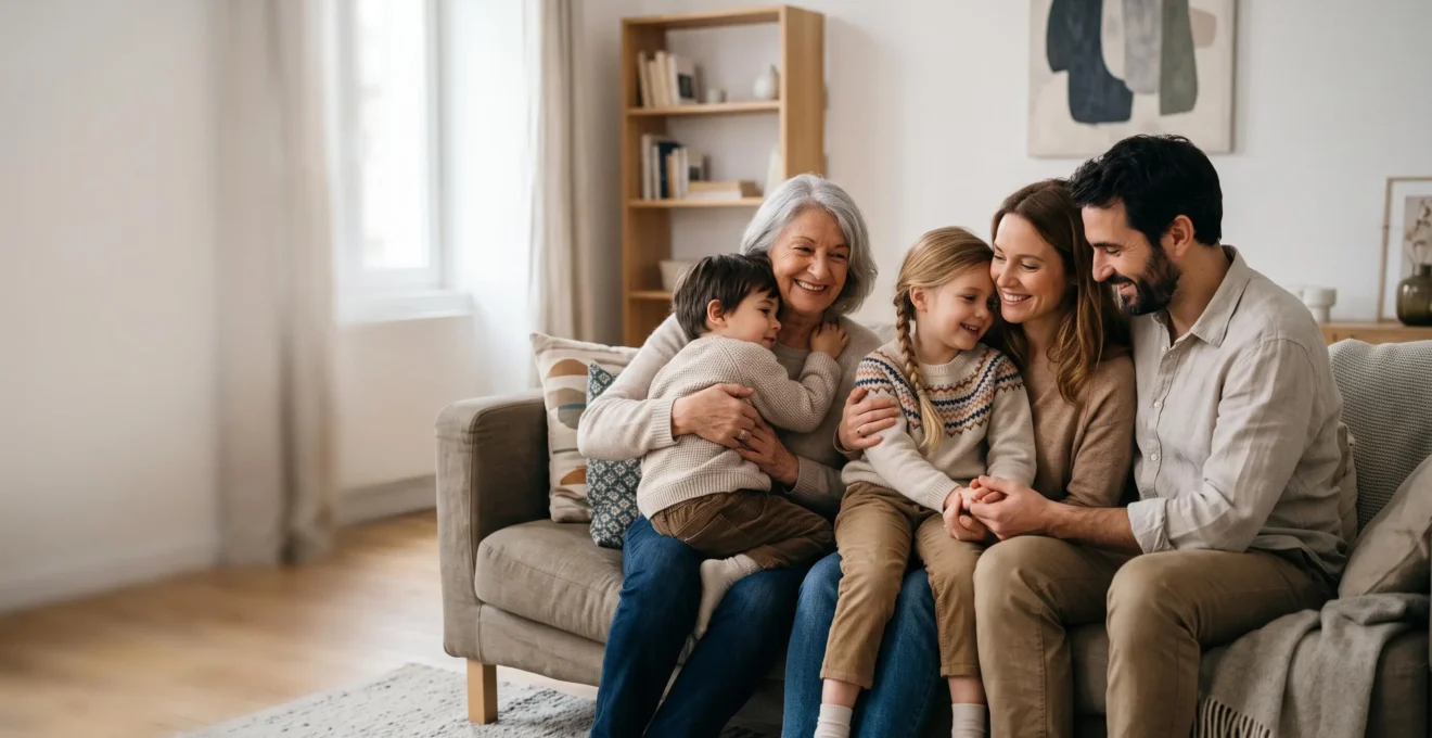 Famille de plusieurs générations réunie, symbolisant la protection santé partagée par une mutuelle familiale
