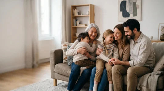 Famille de plusieurs générations réunie, symbolisant la protection santé partagée par une mutuelle familiale