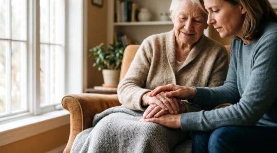 Mains d'une personne âgée et d'un proche aidant se tenant avec bienveillance, symbolisant le financement de la perte d'autonomie