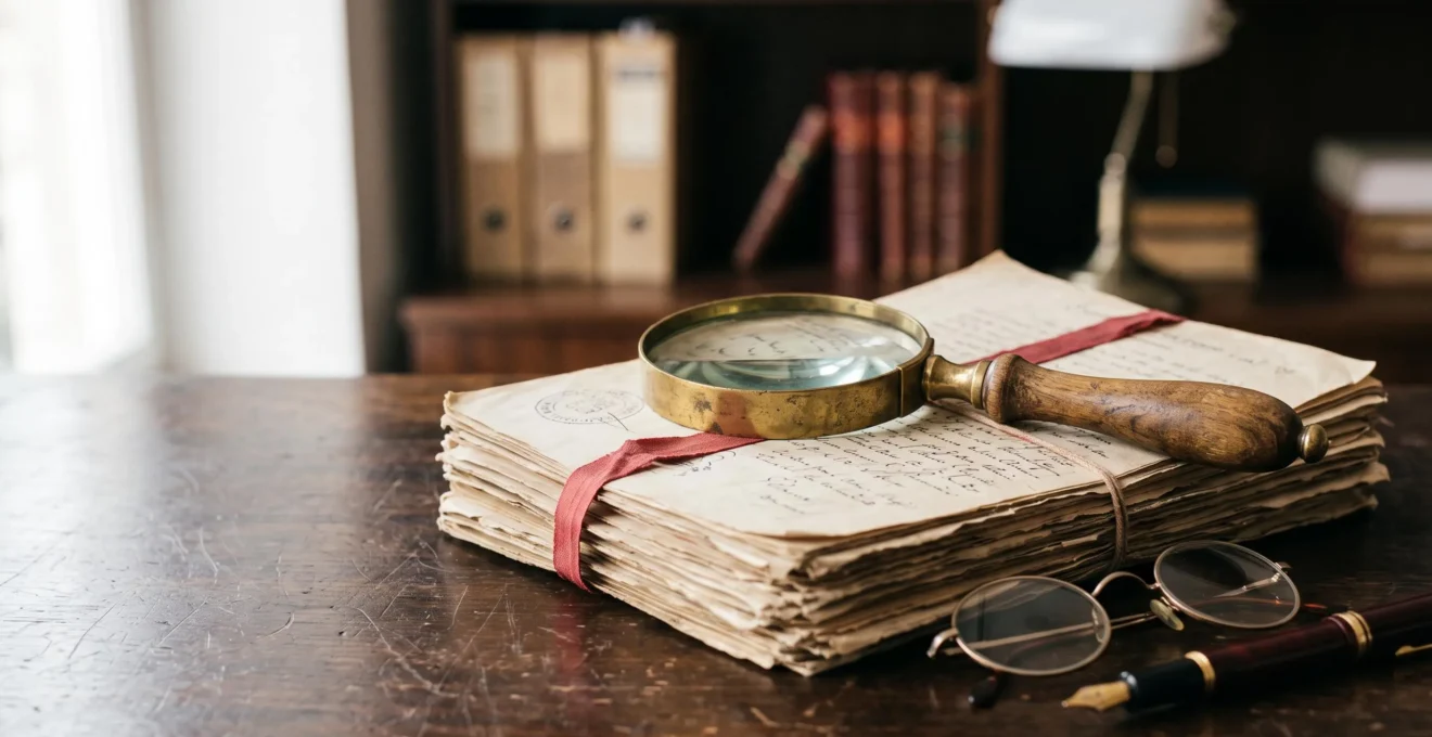 Loupe posee sur une pile de documents contractuels flous symbolisant l'examen juridique d'un contrat de mutuelle sante