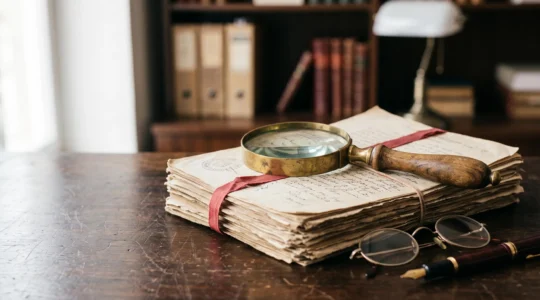 Loupe posee sur une pile de documents contractuels flous symbolisant l'examen juridique d'un contrat de mutuelle sante