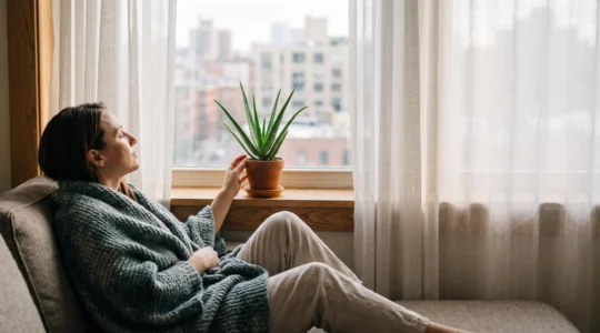 Personne en convalescence chez elle, sereine, symbolisant la continuité de ses revenus pendant un arrêt de travail long