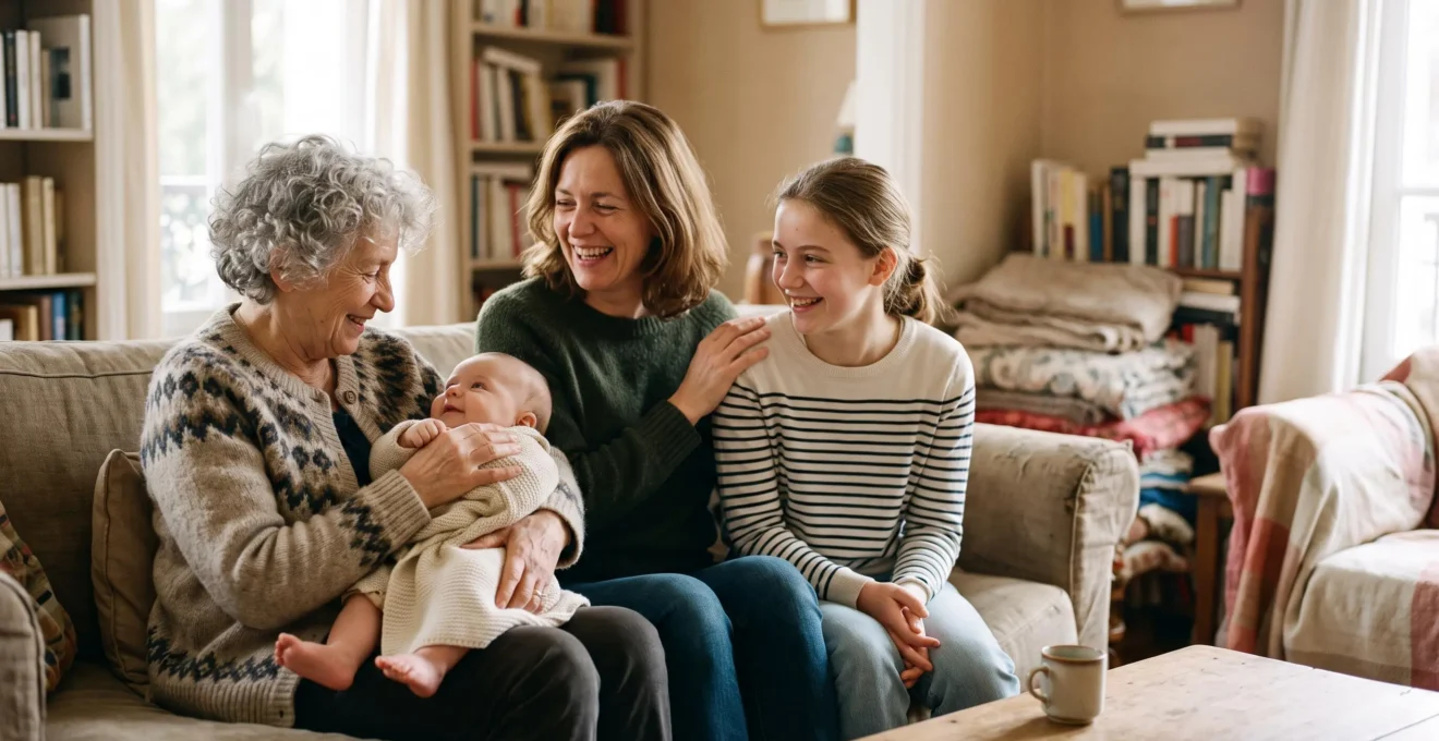 Trois générations d'une même famille réunies, symbolisant une mutuelle santé qui couvre bébé, adolescent et senior sur un même contrat