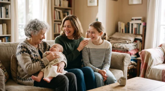 Trois générations d'une même famille réunies, symbolisant une mutuelle santé qui couvre bébé, adolescent et senior sur un même contrat