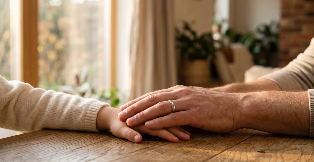 Main protectrice d'un parent posee sur celle d'un enfant, symbolisant la protection financiere transmise par un contrat de prevoyance en cas de deces