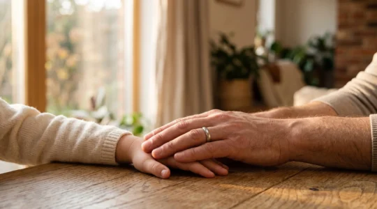 Main protectrice d'un parent posee sur celle d'un enfant, symbolisant la protection financiere transmise par un contrat de prevoyance en cas de deces