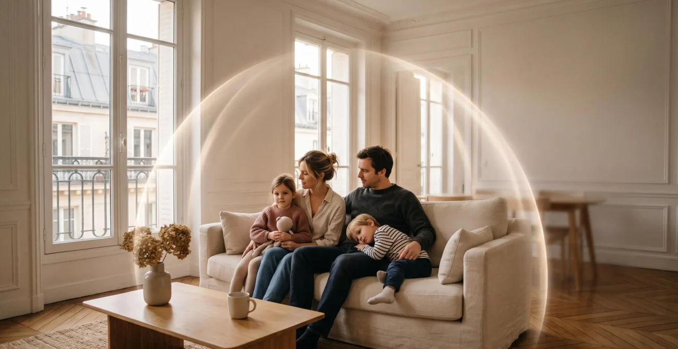 Illustration symbolique d'une famille protégée par deux piliers complémentaires representant la mutuelle sante et la prevoyance en France