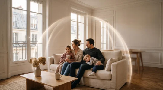Illustration symbolique d'une famille protégée par deux piliers complémentaires representant la mutuelle sante et la prevoyance en France