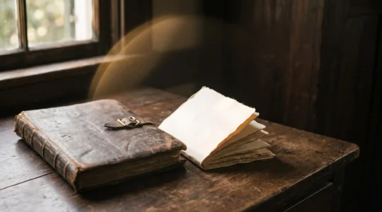 Ledger et papiers vierges proteges par une lumiere doree, symbole de la protection juridique d'un contrat d'assurance sante