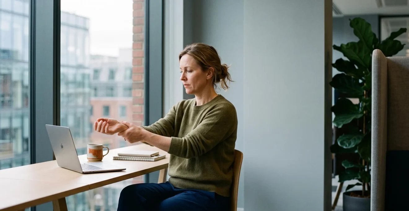 Photographie éditoriale d'une personne au bureau se massant délicatement le poignet, symbolisant la prévention des TMS et la protection contre un arrêt de travail long