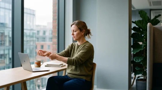 Photographie éditoriale d'une personne au bureau se massant délicatement le poignet, symbolisant la prévention des TMS et la protection contre un arrêt de travail long