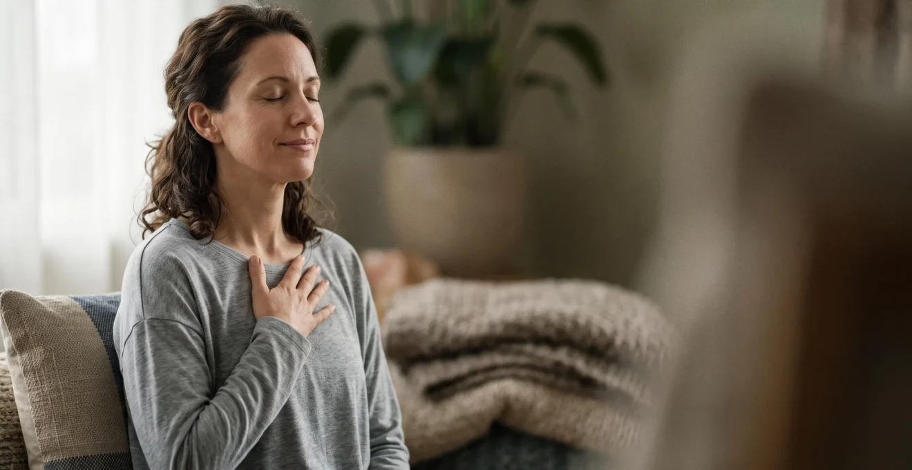 Personne apaisée pratiquant une respiration profonde, symbolisant la réduction du stress chronique grâce à la sophrologie remboursée