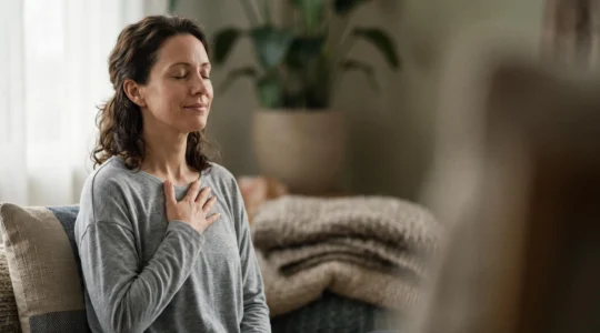 Personne apaisée pratiquant une respiration profonde, symbolisant la réduction du stress chronique grâce à la sophrologie remboursée