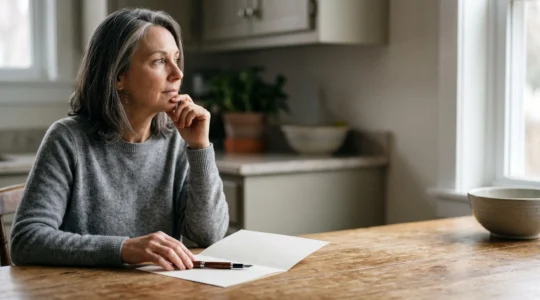 Une personne signant un document d'assurance a une table en bois, symbolisant le delai de reflexion avant engagement
