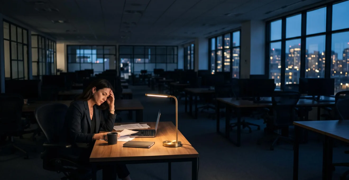 Silhouette d'une personne épuisée au bureau, symbolisant les signes avant-coureurs du burnout à détecter avant l'arrêt de longue durée