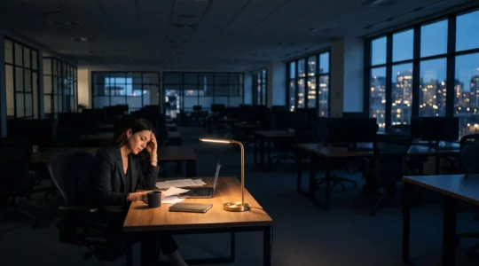Silhouette d'une personne épuisée au bureau, symbolisant les signes avant-coureurs du burnout à détecter avant l'arrêt de longue durée