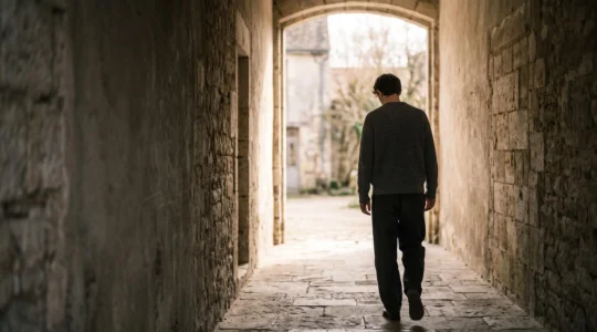 Silhouette d'une personne avançant depuis un couloir sombre vers une lumière douce et naturelle, symbolisant le chemin de la guérison face à la dépression
