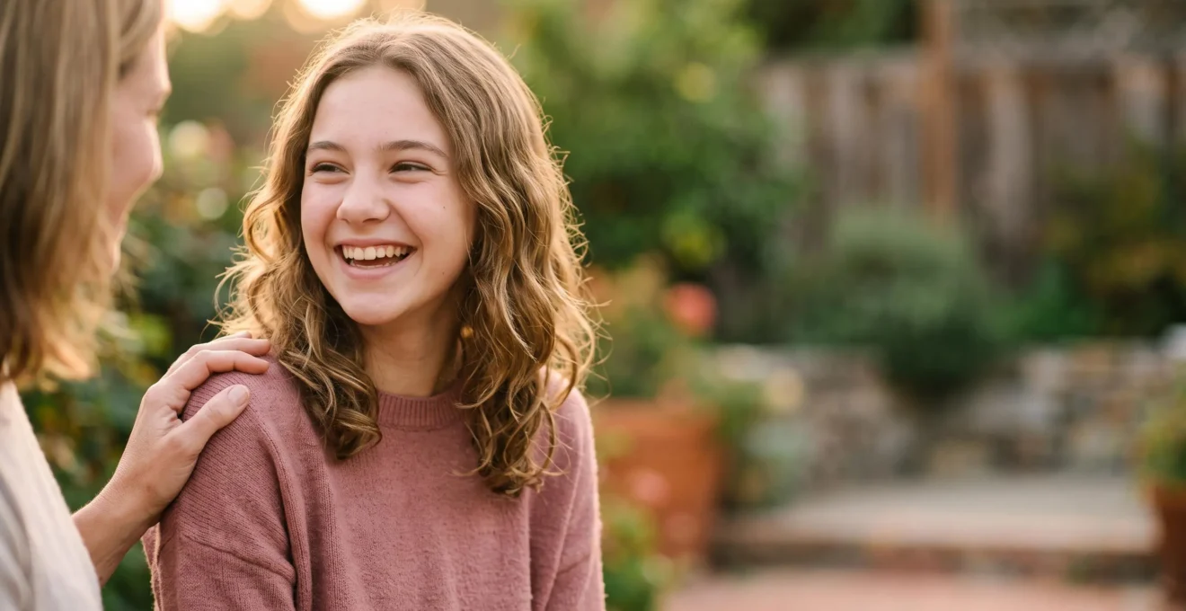 Adolescent souriant avec appareil dentaire aux côtés d'un parent rassurant, symbole de la prise en charge sereine de l'orthodontie