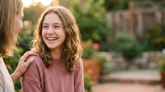 Adolescent souriant avec appareil dentaire aux côtés d'un parent rassurant, symbole de la prise en charge sereine de l'orthodontie