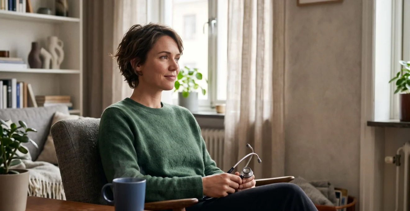 Personne installée confortablement chez elle en pleine consultation médicale à distance, illustrant l'accès rapide et remboursé aux soins
