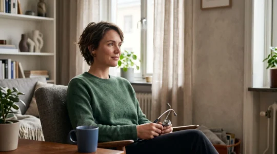 Personne installée confortablement chez elle en pleine consultation médicale à distance, illustrant l'accès rapide et remboursé aux soins