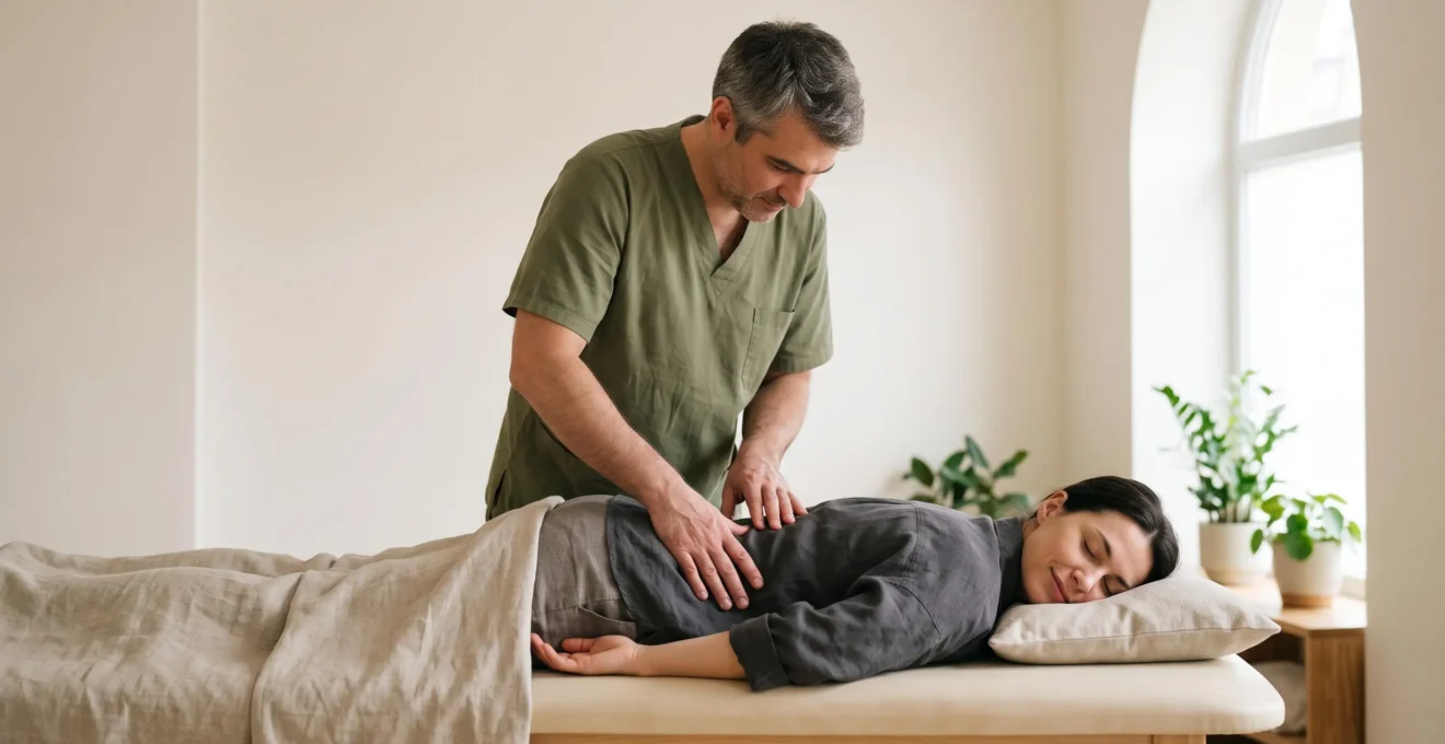 Personne allongee recevant une manipulation osteopathique du bas du dos dans un cabinet lumineux et epure