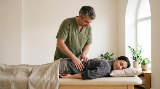 Personne allongee recevant une manipulation osteopathique du bas du dos dans un cabinet lumineux et epure