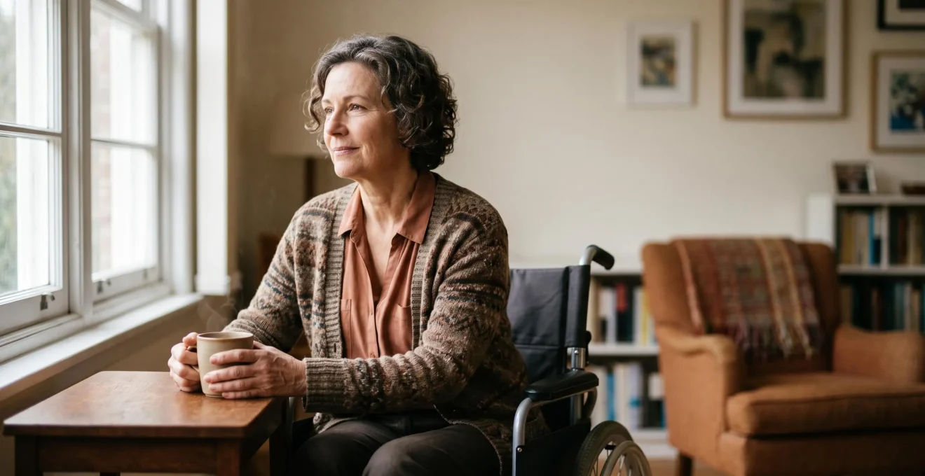 Personne en situation de handicap dans un salon lumineux et sobre, incarnant la stabilité retrouvée grâce à une rente d'invalidité