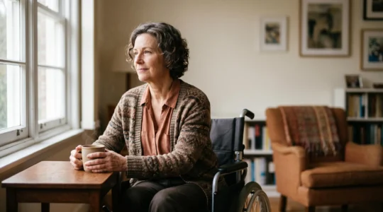 Personne en situation de handicap dans un salon lumineux et sobre, incarnant la stabilité retrouvée grâce à une rente d'invalidité